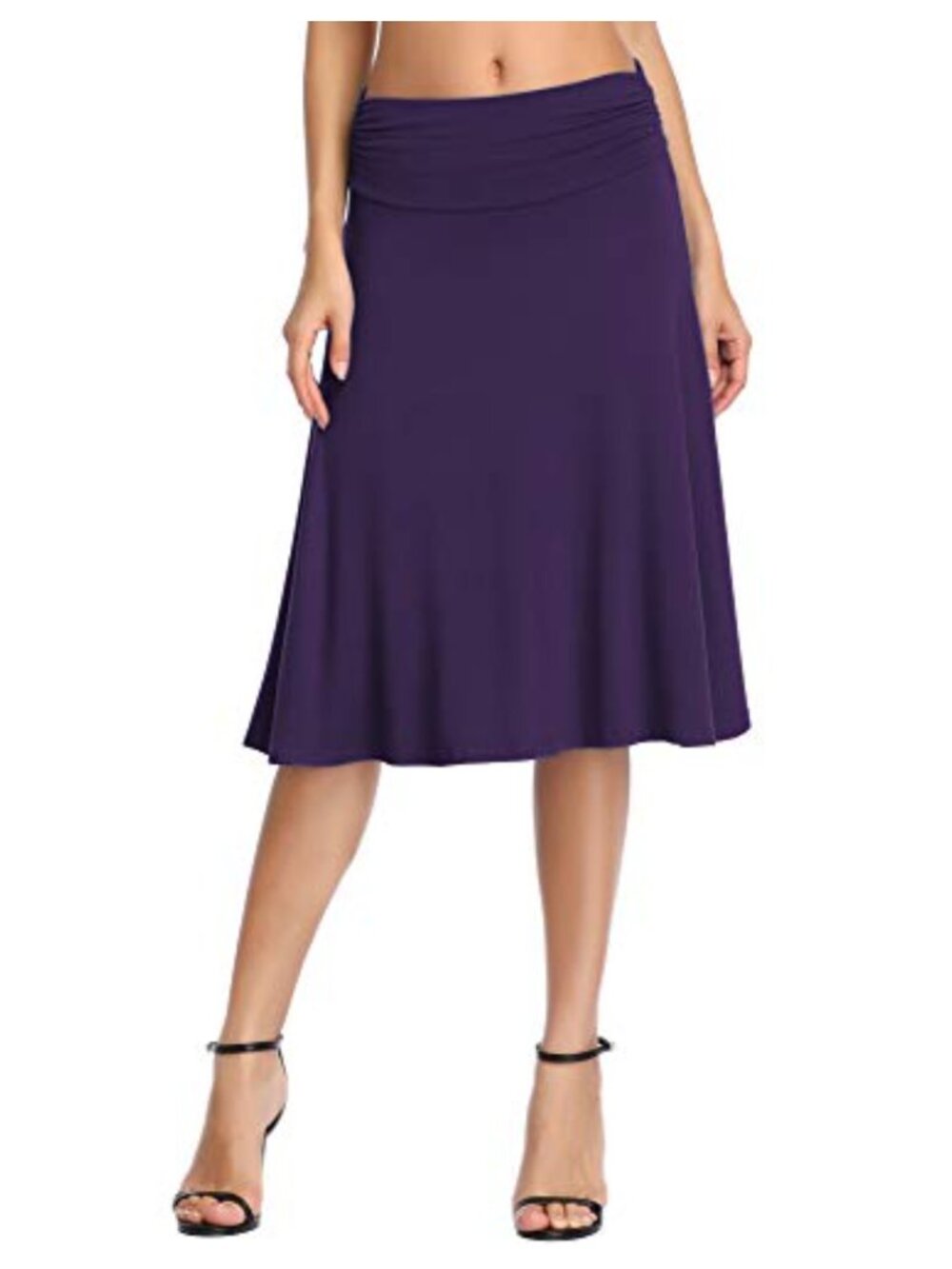 Ruched High Waist Knee Length Jersey A-Line Flared Casual Skirt